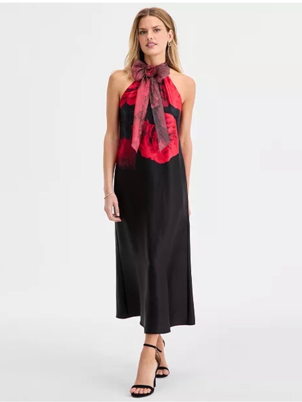 Karl Lagerfeld Black One-Shoulder Dress with Red Floral Back Panel